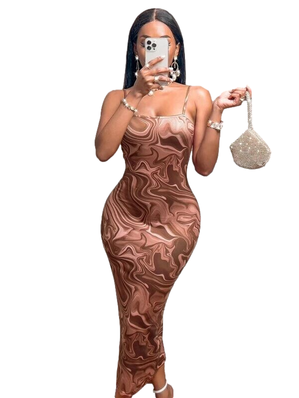 Custom Pattern Summer Mermaid  Brown All Over Marble Print Sleeveless Spaghetti Slip Sexy Bodycon Dress Women