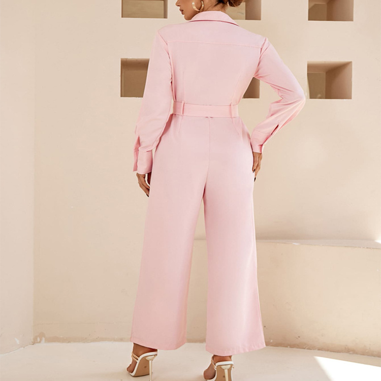 Custom Women Candy Color Causal Utility Button Up Jumpsuit Formal Long Sleeves Collared Coverall Tie Waist Jumpsuit With Pocket