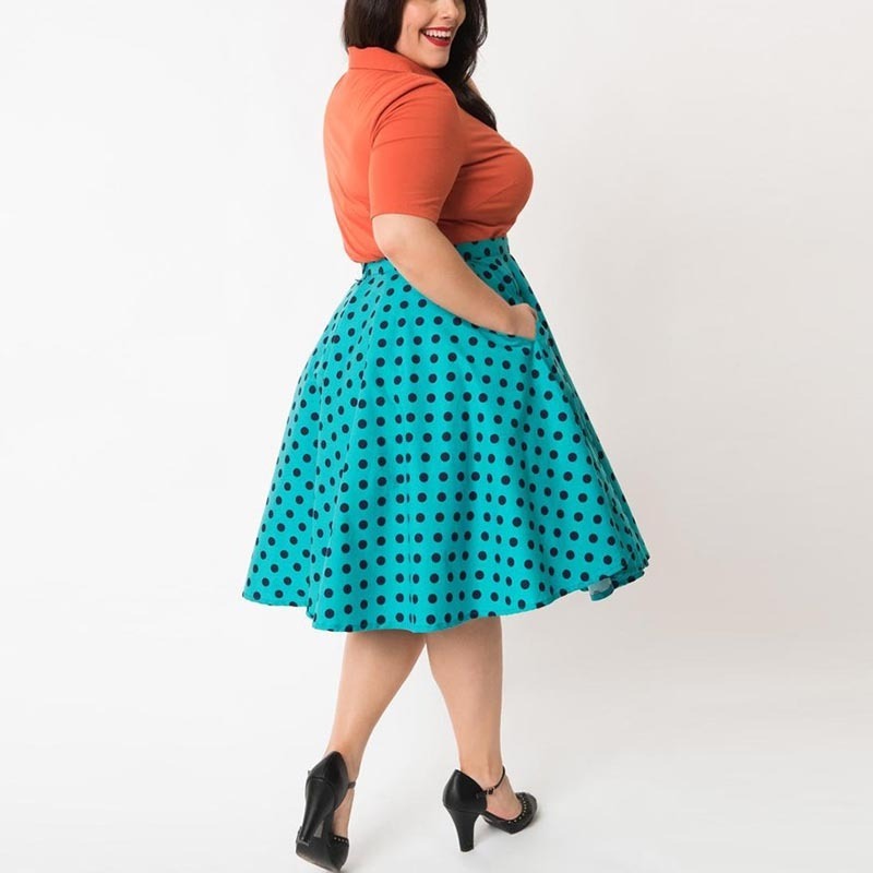 Women's Plus Size Printed Flared Midi Skirt Polka Dots Pleated Swing A Line Midi Skirts Elastic Waist Overall Skirt