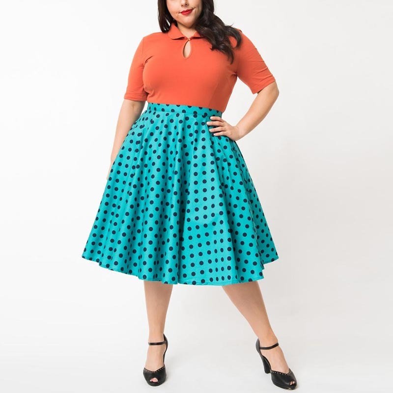 Women's Plus Size Printed Flared Midi Skirt Polka Dots Pleated Swing A Line Midi Skirts Elastic Waist Overall Skirt