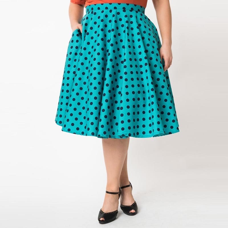 Women's Plus Size Printed Flared Midi Skirt Polka Dots Pleated Swing A Line Midi Skirts Elastic Waist Overall Skirt