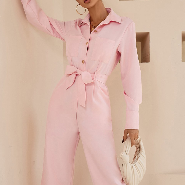 Custom Women Candy Color Causal Utility Button Up Jumpsuit Formal Long Sleeves Collared Coverall Tie Waist Jumpsuit With Pocket