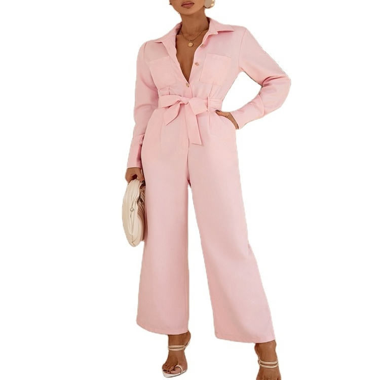 Custom Women Candy Color Causal Utility Button Up Jumpsuit Formal Long Sleeves Collared Coverall Tie Waist Jumpsuit With Pocket