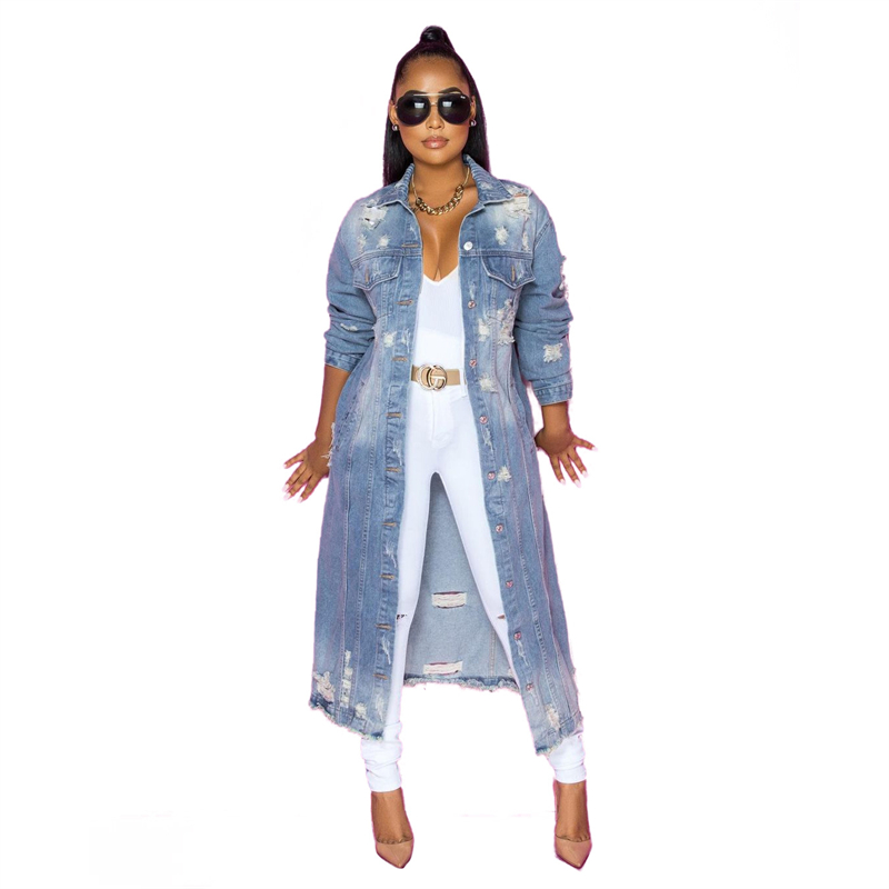 Fall Fashion New Products Jackets Long Ripped Women's for Jean Ladies Long Sleeve Cardigan Ripped Windbreaker Denim Jacket