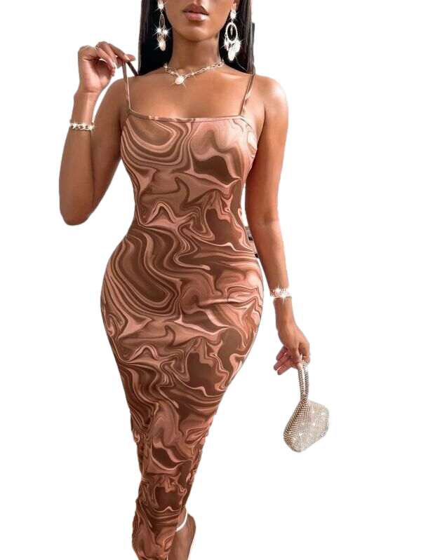 Custom Pattern Summer Mermaid  Brown All Over Marble Print Sleeveless Spaghetti Slip Sexy Bodycon Dress Women