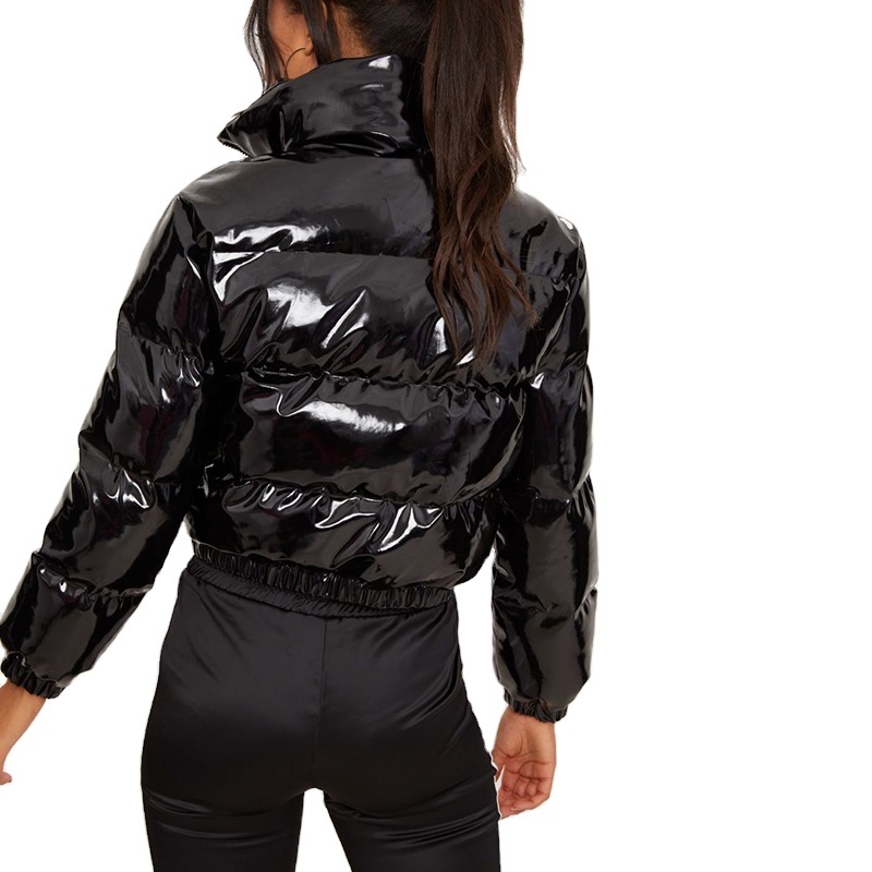 Fashionable Black Cropped Custom Puffer Jacket High Shiny Jacket