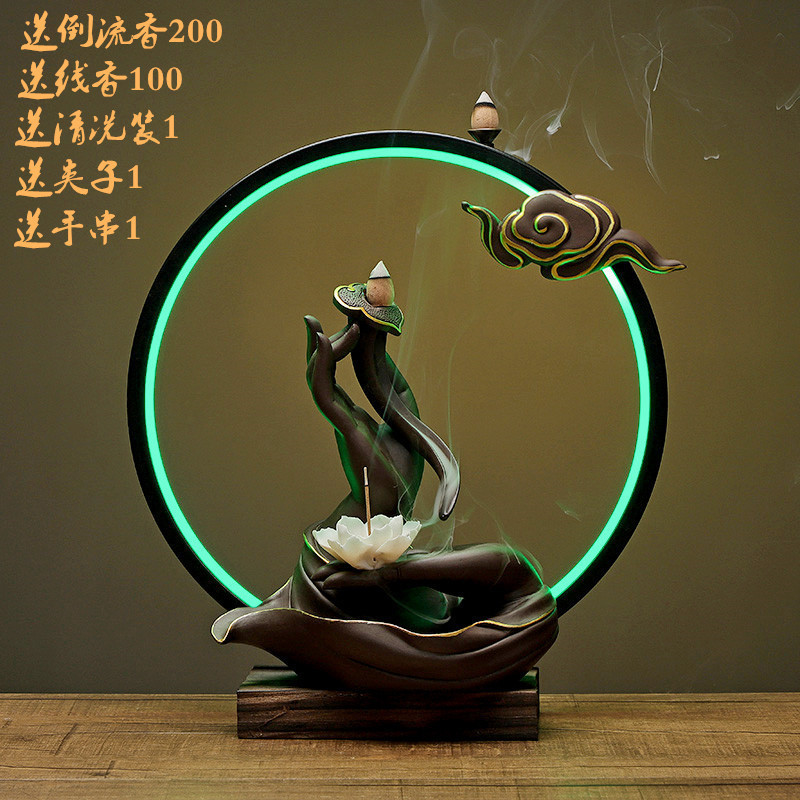 Desk Water Fountain Decor Censer Zen Buddha hands Holder Buddha Backflow Incense Burner with LED Lights