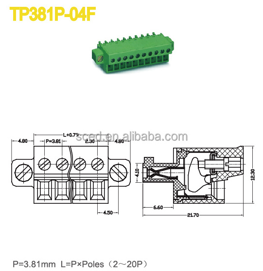 TP381P-04F Fixed Type 300V 8A 3 Pole Female Pluggable Terminal Block