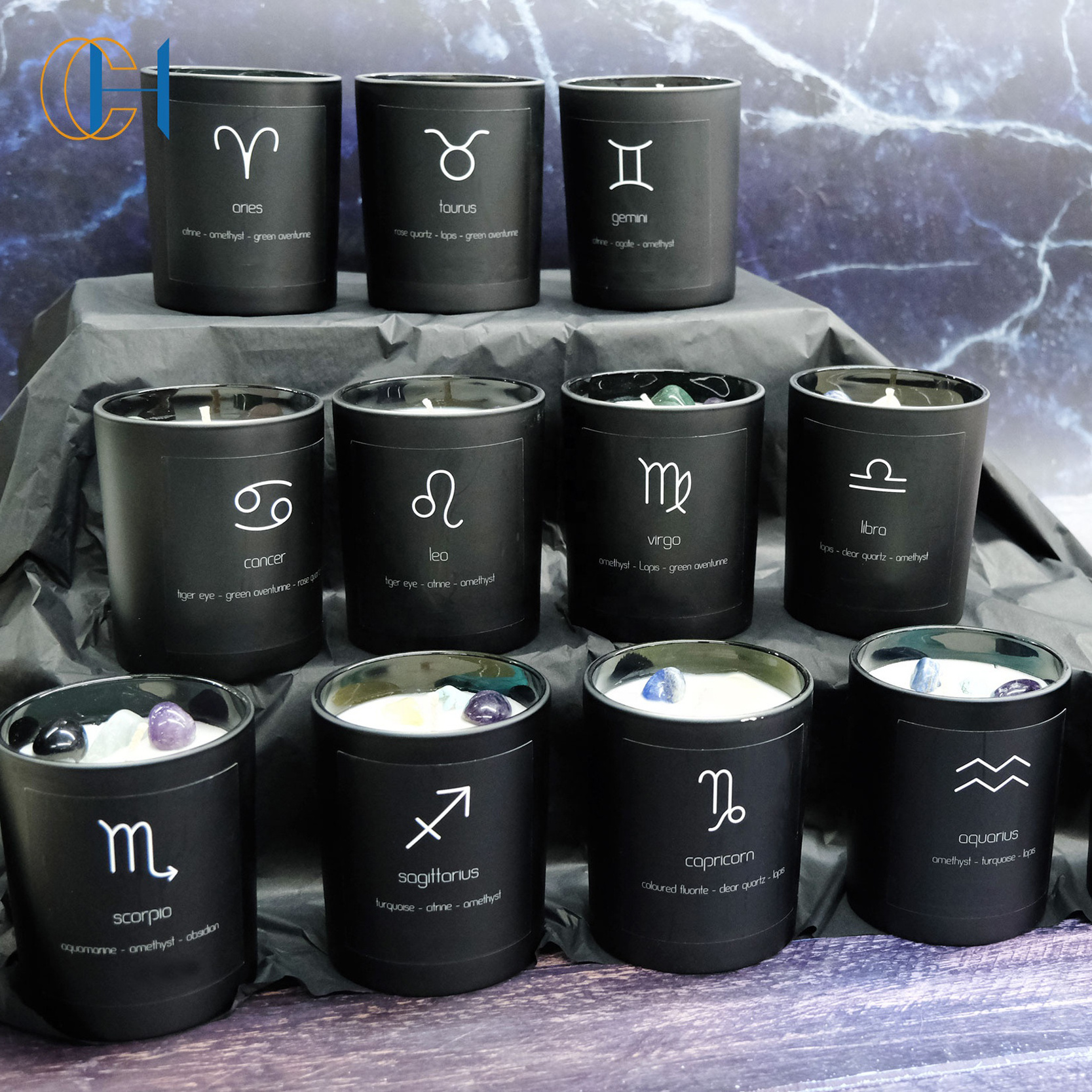 High Quality Black candle jar Infused Healing Scented Oud Crystal Zodiac Candle For Home Decoration