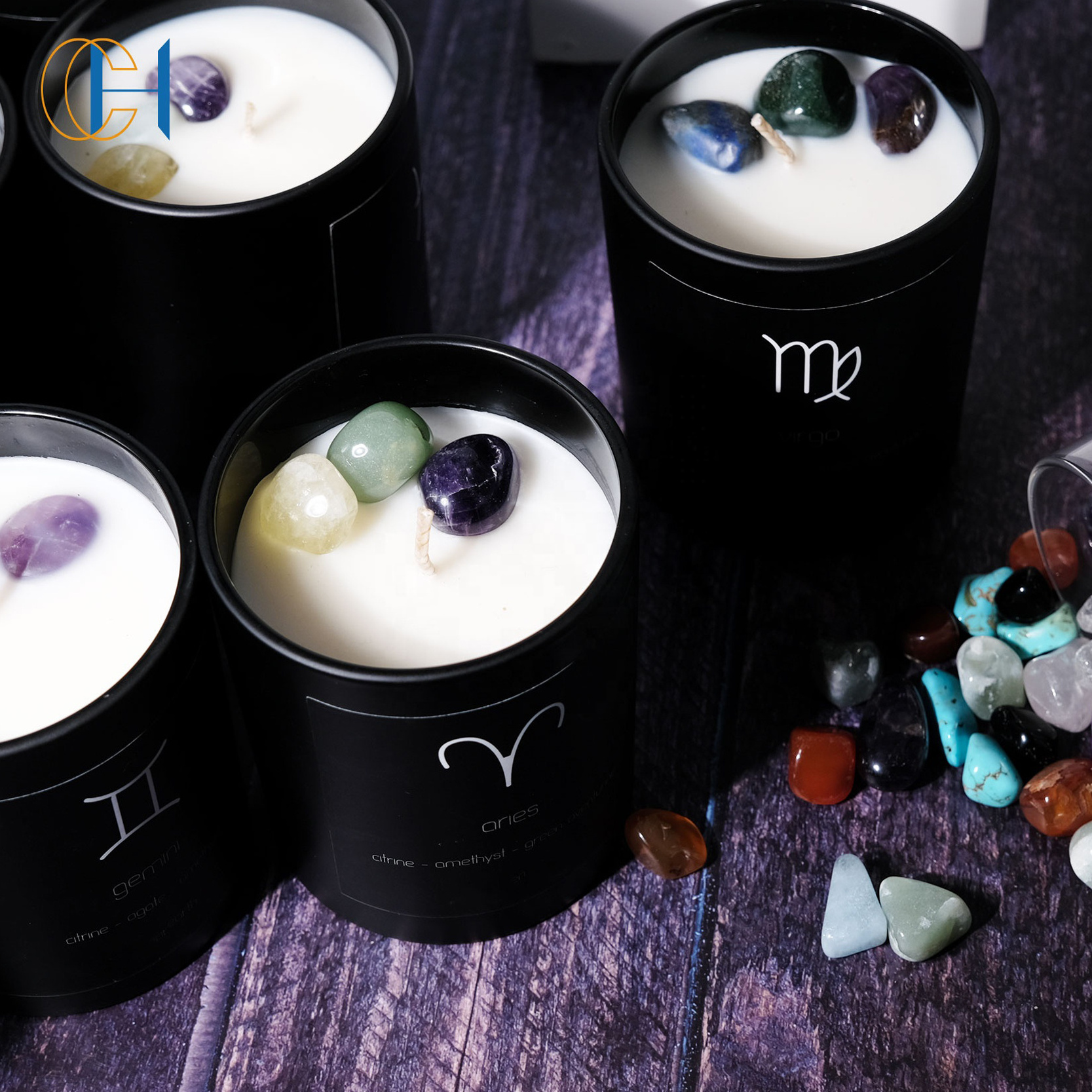 High Quality Black candle jar Infused Healing Scented Oud Crystal Zodiac Candle For Home Decoration