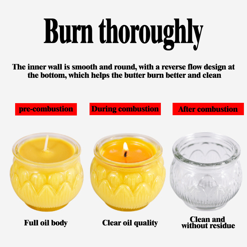 100% Pure Reusable Butter Lamp Colorful Tea lights Lotus Prayer Candles in Large Glass Jar for 24 hours