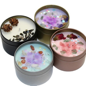 Wholesale Custom Flameless Crystal Dry Flower Soy Wax Private Label Tin Scented Candles