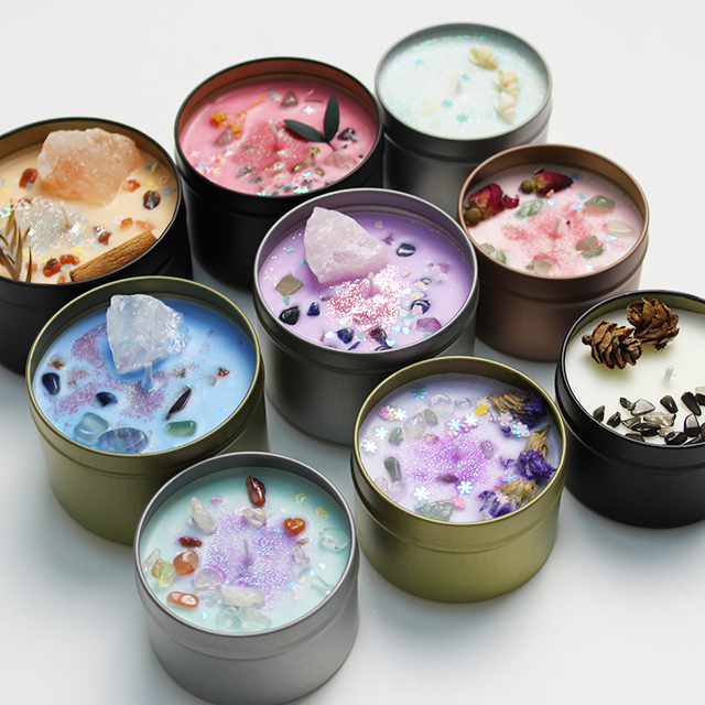 Wholesale Custom Flameless Crystal Dry Flower Soy Wax Private Label Tin Scented Candles