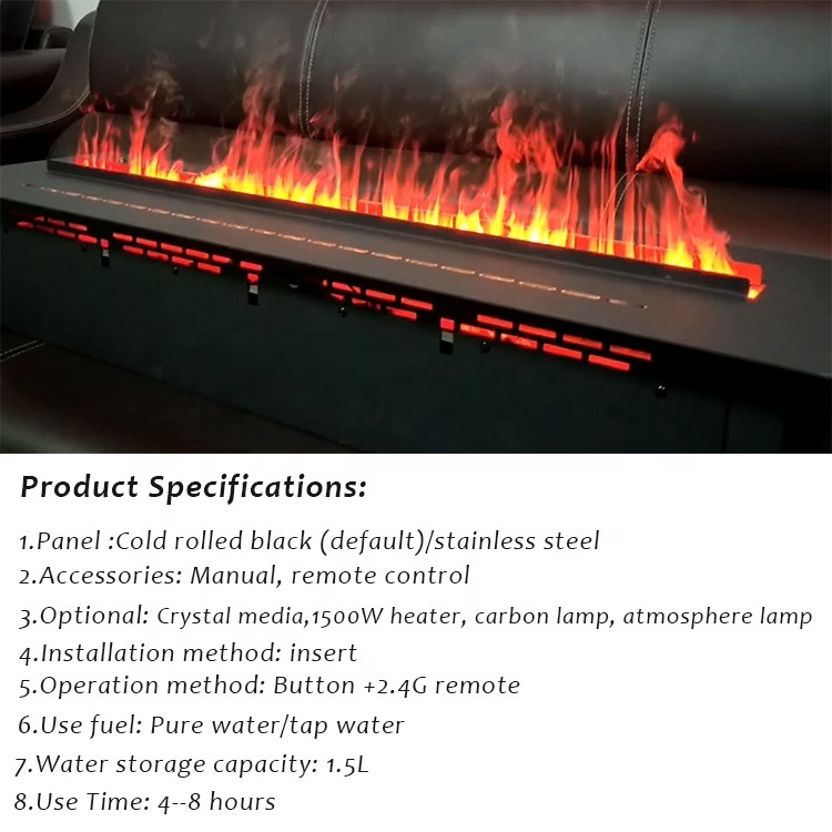 Wi-Fi Water Fire Vapor Electric Fireplace Insert 7 LED Flame  Colors  3D Vapor Fire Steam Fireplace 500mm 1000mm 1500mm 2000 mm