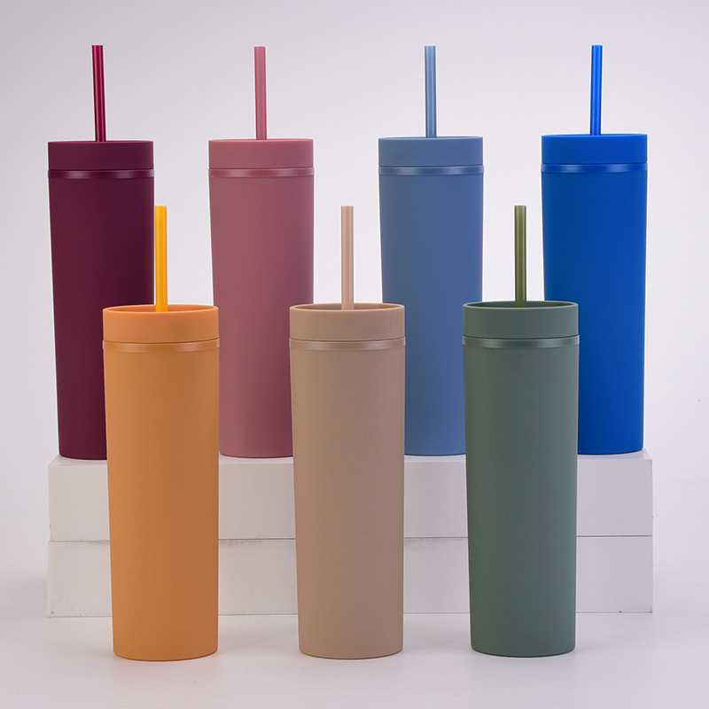 Reusable Matte Acrylic Tumblers with Lids 16oz Double Wall Plastic Skinny Tumblers Cup with Lid and Straw