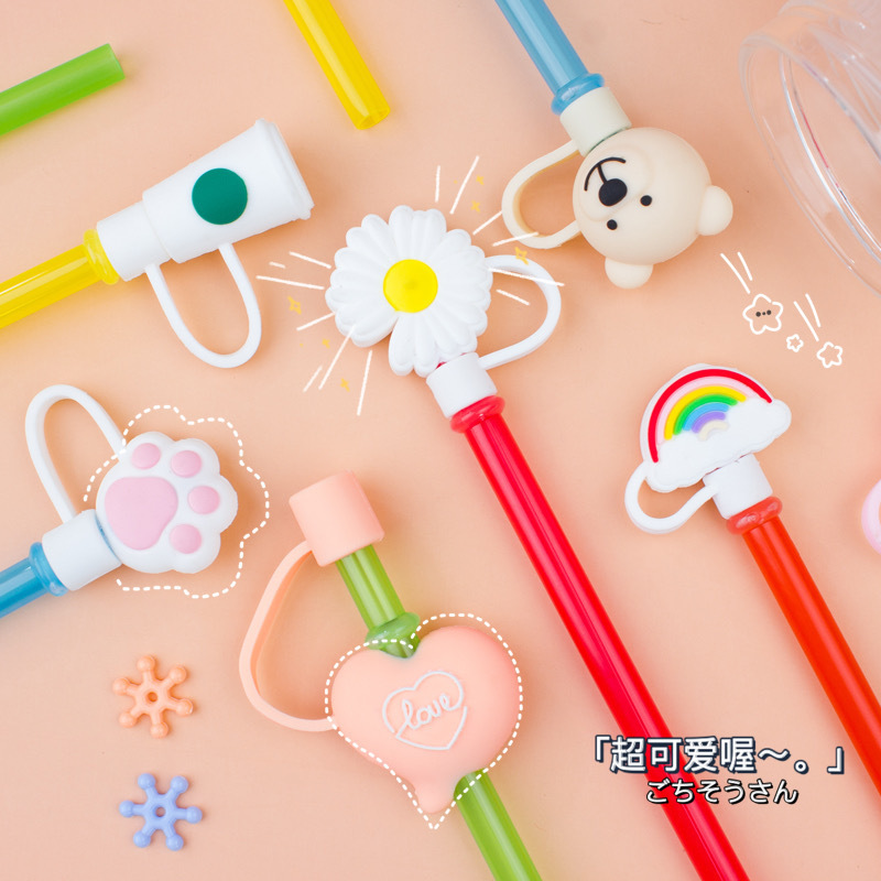 wholesale reusable silicone straw cover protector cute animal straw topper cover splash proof drinking silicone straw toppers