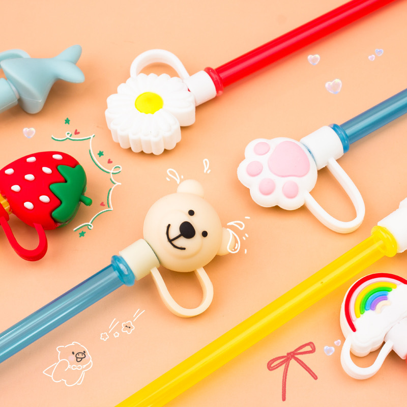 wholesale reusable silicone straw cover protector cute animal straw topper cover splash proof drinking silicone straw toppers