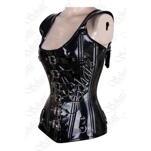 High quality Patent Leather Corset For Girls 3 Layer Shoulder Straps Heavy Boned Overbust Bustier Faux Patent Leather Corset Top