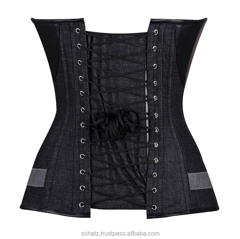 Denim Overbust Corset Punk Waist Trainer Corsets with Zipper Gothic Clothing Sexy Corset Leather Stripe For Women Waist Slimming