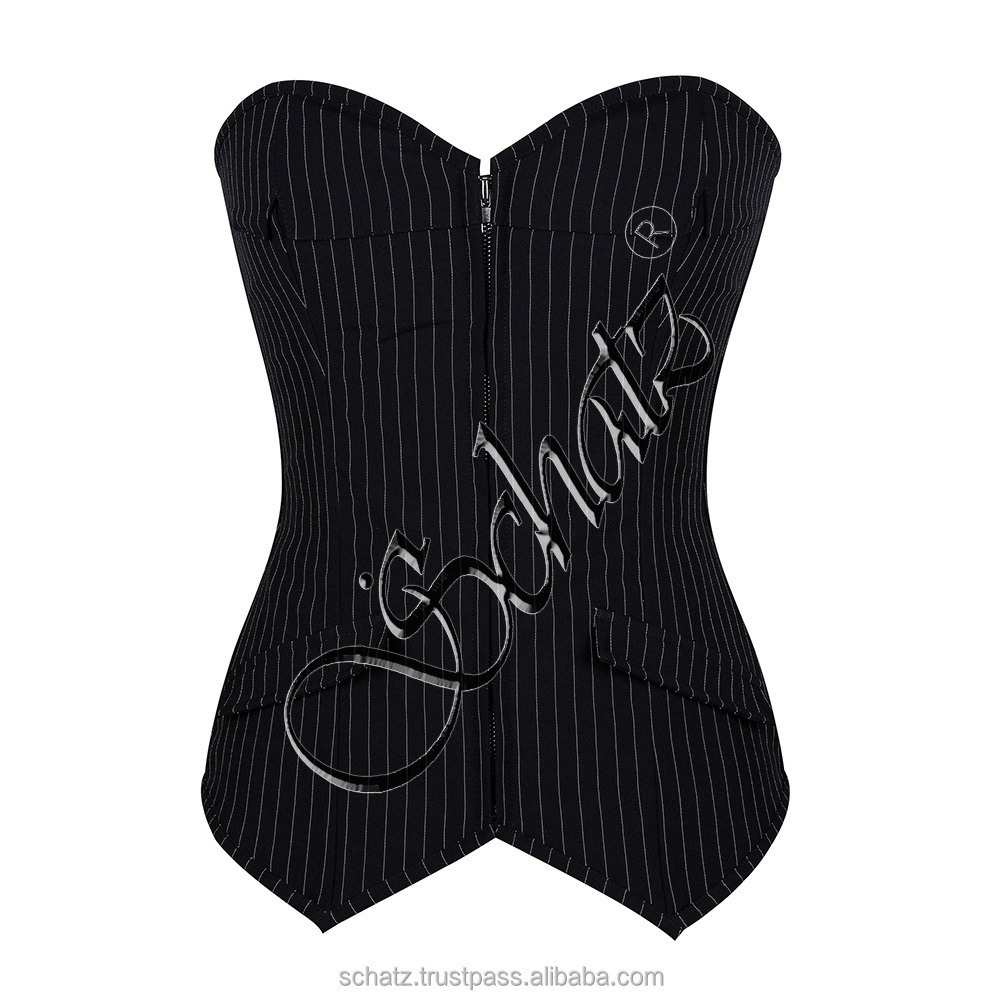 Schatz Overbust Corsets for Women Striped Office Party Plus Size Corsets and Bustiers Zipper Lingerie Tank Tops Korsett Black