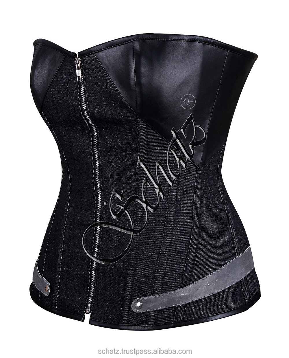 Denim Overbust Corset Punk Waist Trainer Corsets with Zipper Gothic Clothing Sexy Corset Leather Stripe For Women Waist Slimming