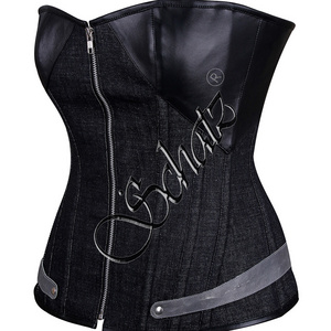 Denim Overbust Corset Punk Waist Trainer Corsets with Zipper Gothic Clothing Sexy Corset Leather Stripe For Women Waist Slimming