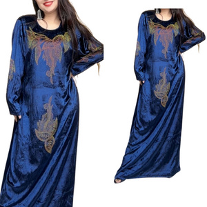 New Plus size velvet abaya duba printed crew neck long muslim women dress islamic clothing free size abaya