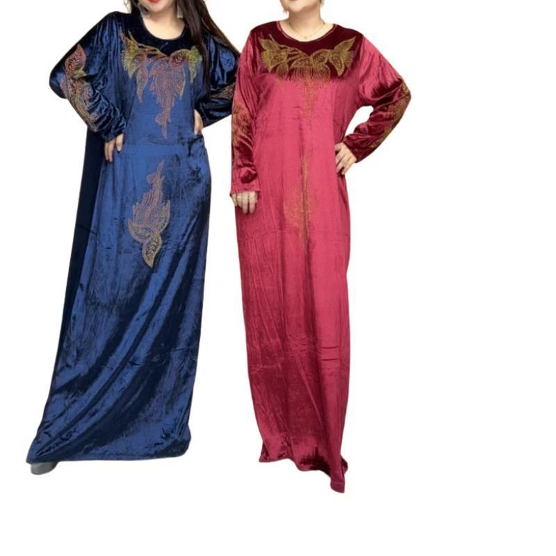 New Plus size velvet abaya duba printed crew neck long muslim women dress islamic clothing free size abaya