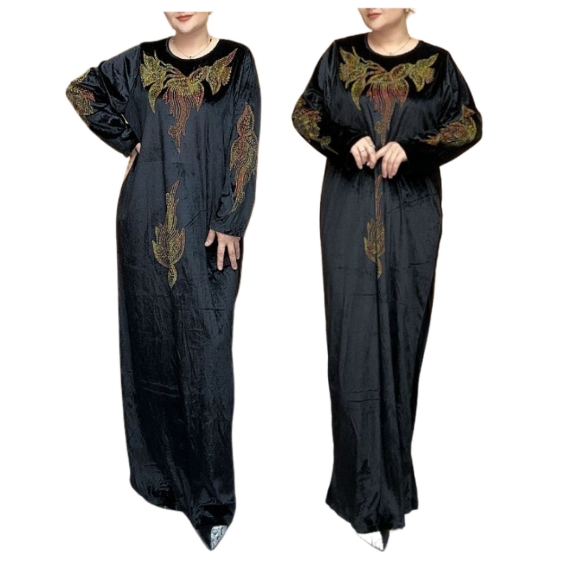 New Plus size velvet abaya duba printed crew neck long muslim women dress islamic clothing free size abaya