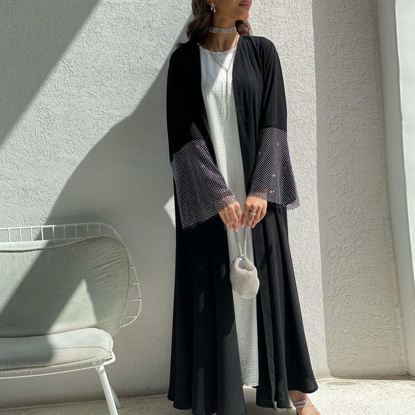 Latest Elegant Women Kaftan Modest Dubai black Abaya Women Muslim Dress Diamond Sleeve Open Kimonos Abaya Qatar Abaya Designs