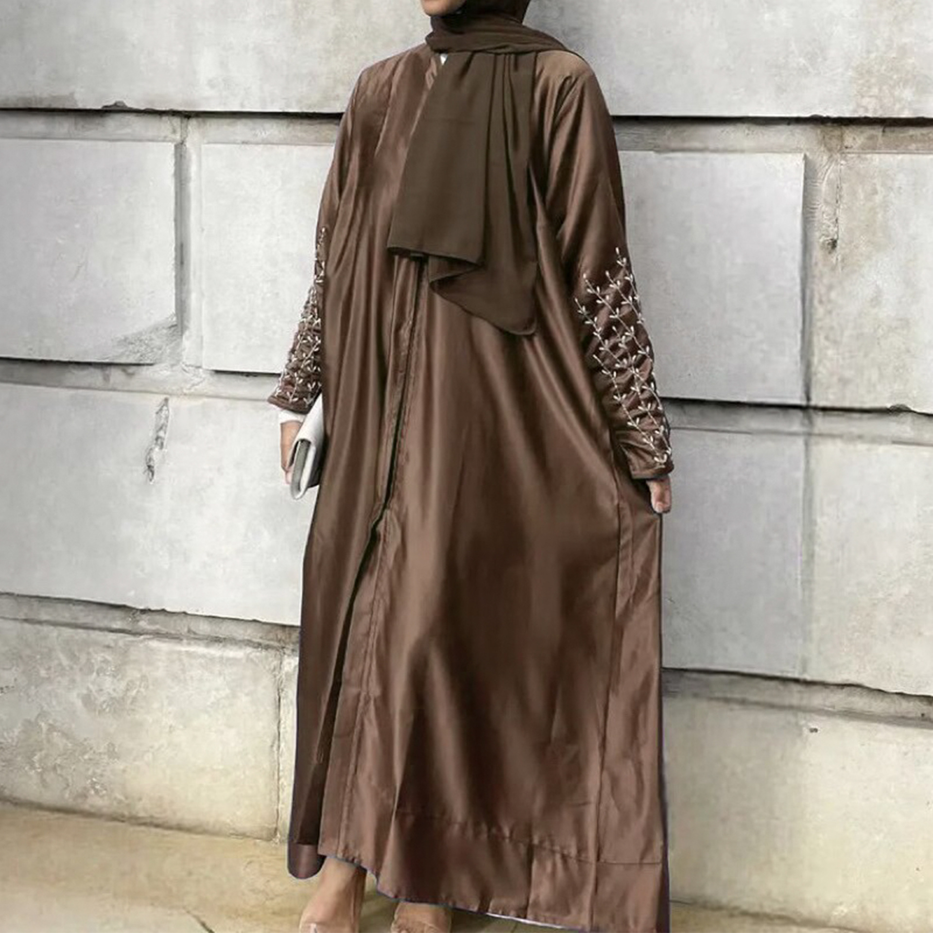 Islamic Women's Daily Party Dress Solid Color Satin Tie Robe Jacket Handmade Beaded open abaya