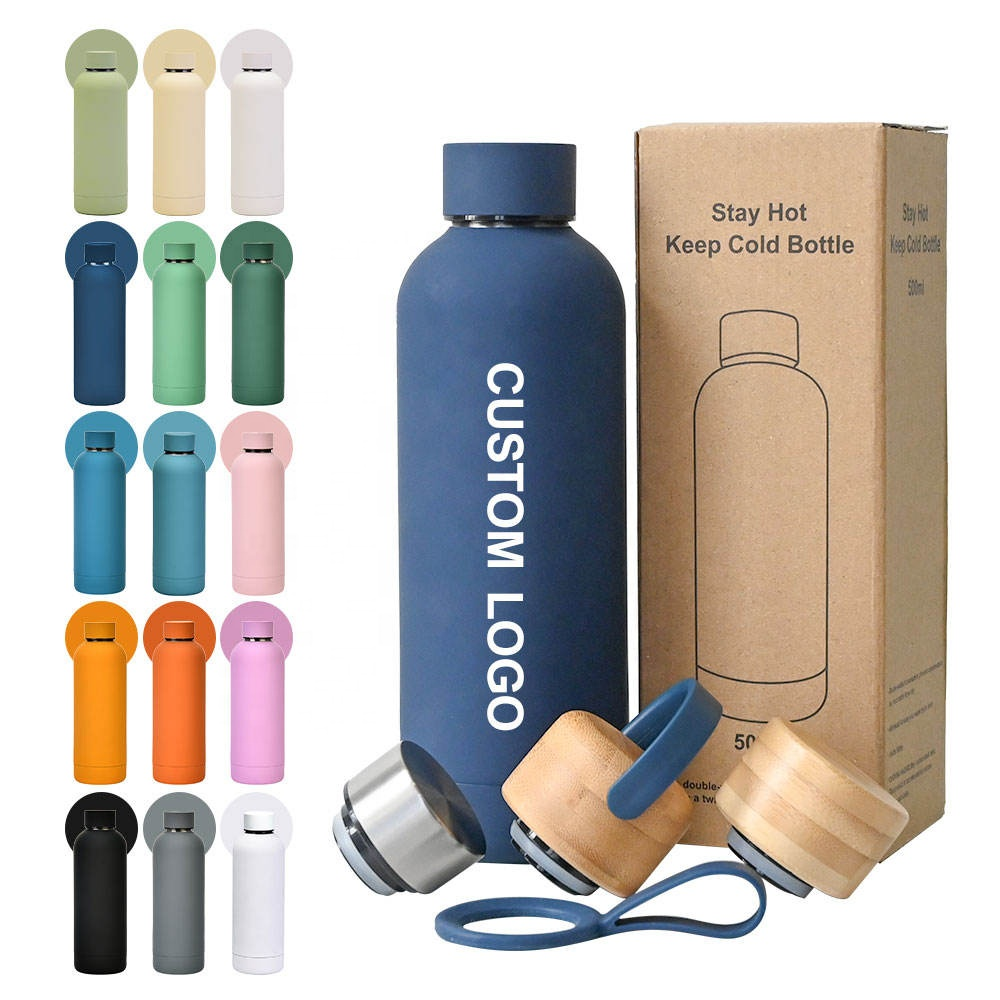 Custom frosted soft touch double wall insulated drink bottle tumbler 500ml vacuum flask stainless steel cup thermal water bottle