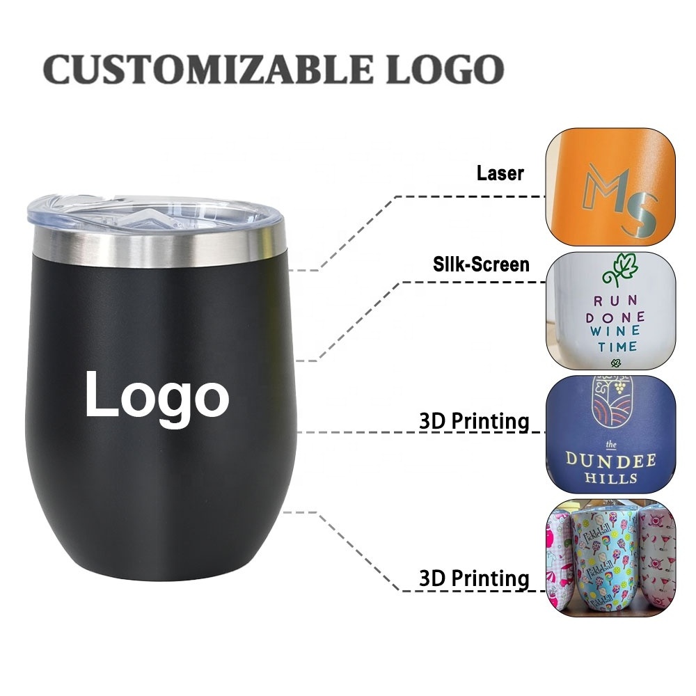 Custom 12oz double wall stemless stainless steel wine tumbler insulated vacuum egg shape mugs Cup wine glass with lids