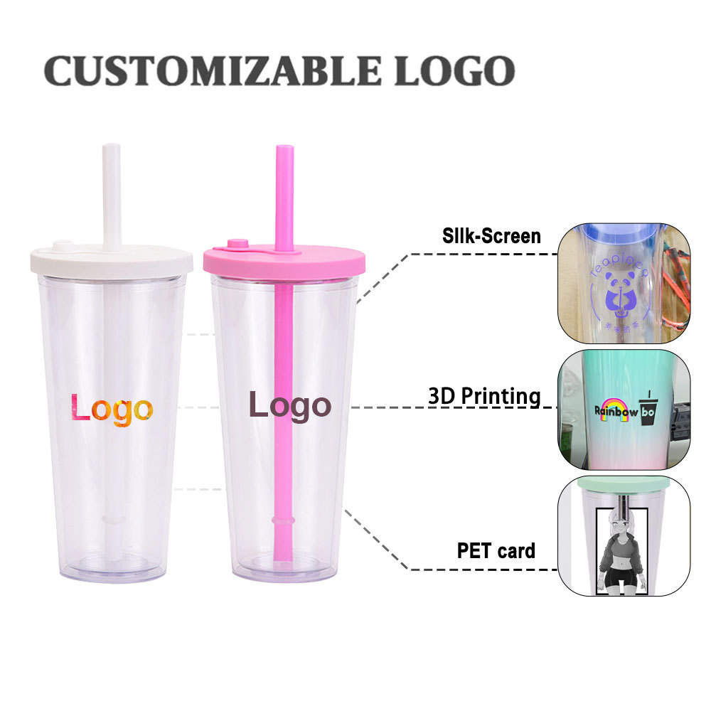 Factory custom logo multi color 24oz double wall tumblers plastic boba bubble tea reusable cup with straw