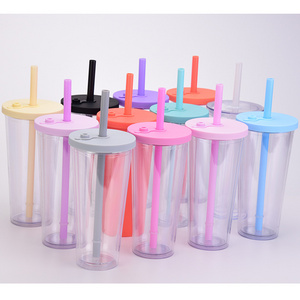 Factory custom logo multi color 24oz double wall tumblers plastic boba bubble tea reusable cup with straw