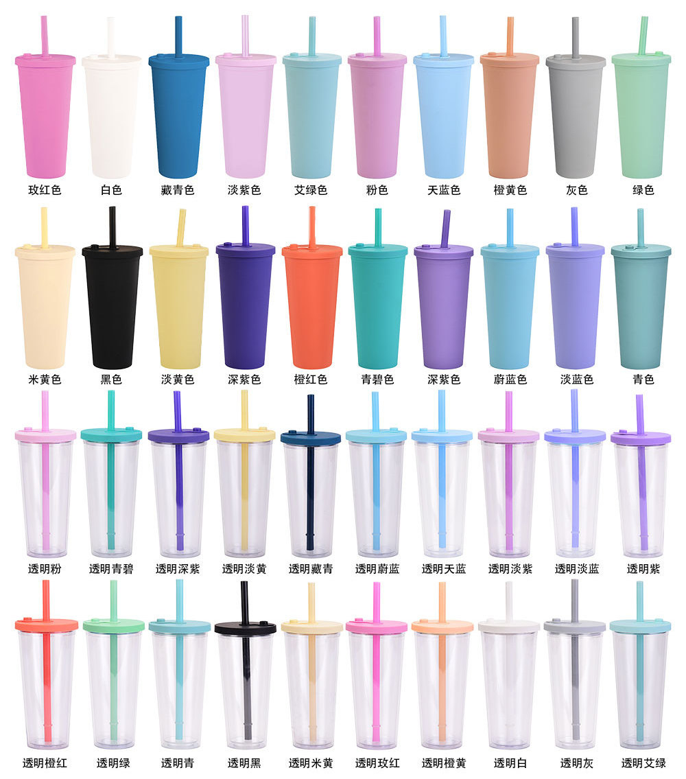 Factory custom logo multi color 24oz double wall tumblers plastic boba bubble tea reusable cup with straw