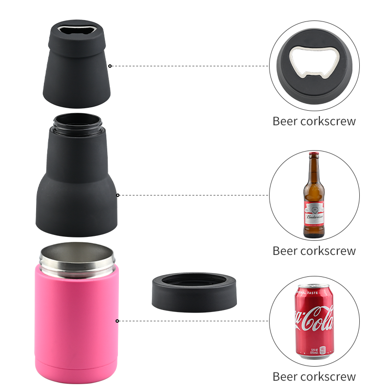 4 in 1 12oz Vacuum Insulated Double Walled Stainless Steel Beer Can and Bottle Cooler with Beer Opener