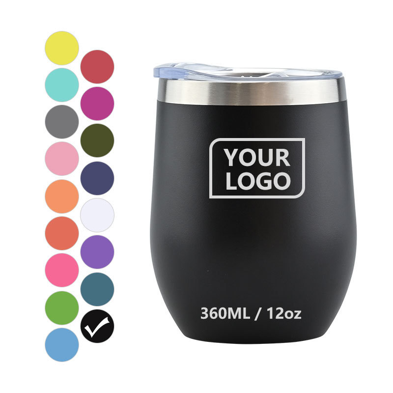 Custom powder coated black 12oz egg shape double wall stainless steel stemless wine glass tumbler