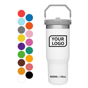 Custom logo 20 30 oz travel coffee mug stainless steel 30oz thermos 30oz cup flip straw tumbler with handle