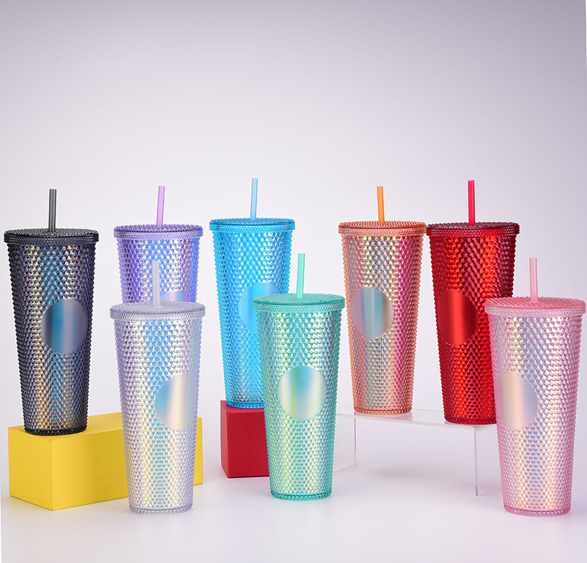 USA warehouse 24 oz double wall matte pink yellow jewled diamond plastic acrylic studded tumbler with straw