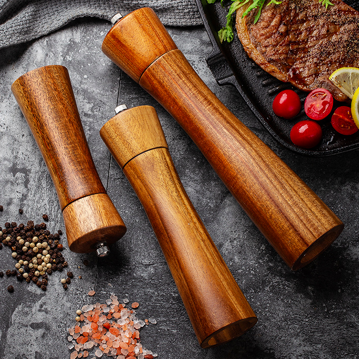 8inches Professional Chef Tableware Acacia Wood Manual Pepper and Salt Mill Rubber Wooden Pepper Grinder