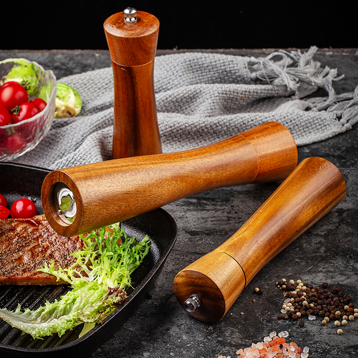 8inches Professional Chef Tableware Acacia Wood Manual Pepper and Salt Mill Rubber Wooden Pepper Grinder