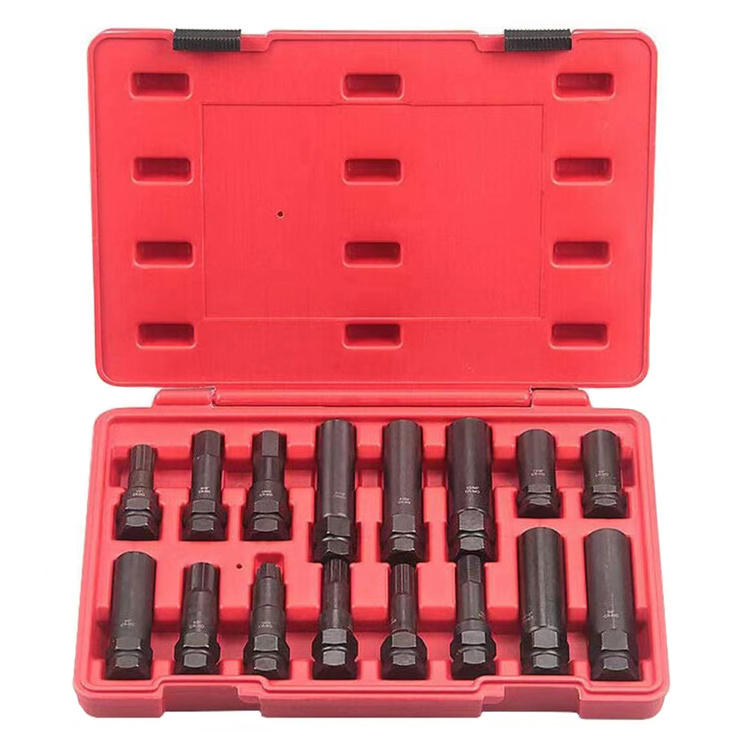 16-Piece Locking Lug Nut Master Key Set Wheel Lock Removal Kit of Spline Star and Hex Style Keys