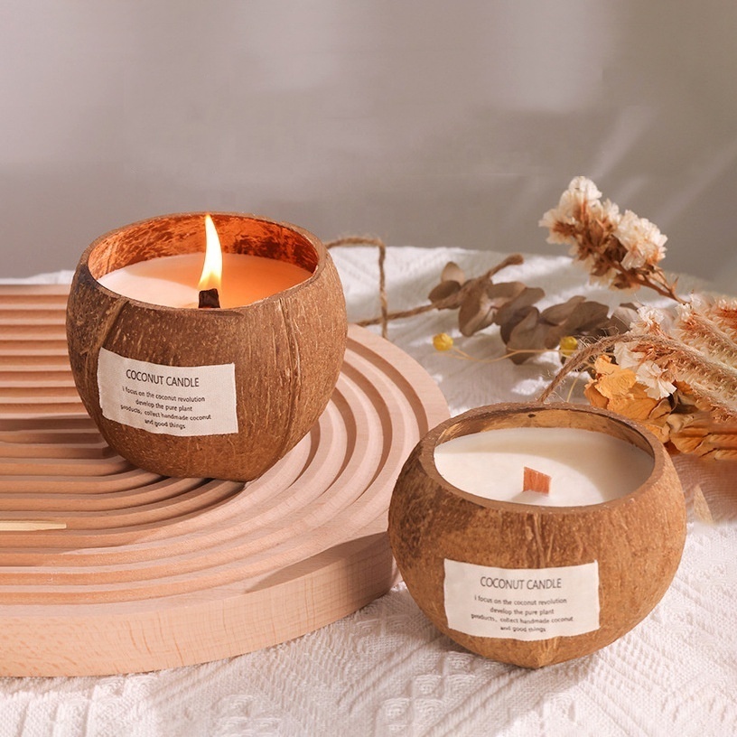 Factory Supply Wholesale Handmade Home Decoration Luxury Coconut Shell Bowls Candle Wood Wick Scented Candle For Gift