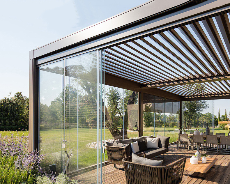 Automatic Waterproof Windproof Glass Doors System Pergola Bioclimatique Outdoor Gazebo