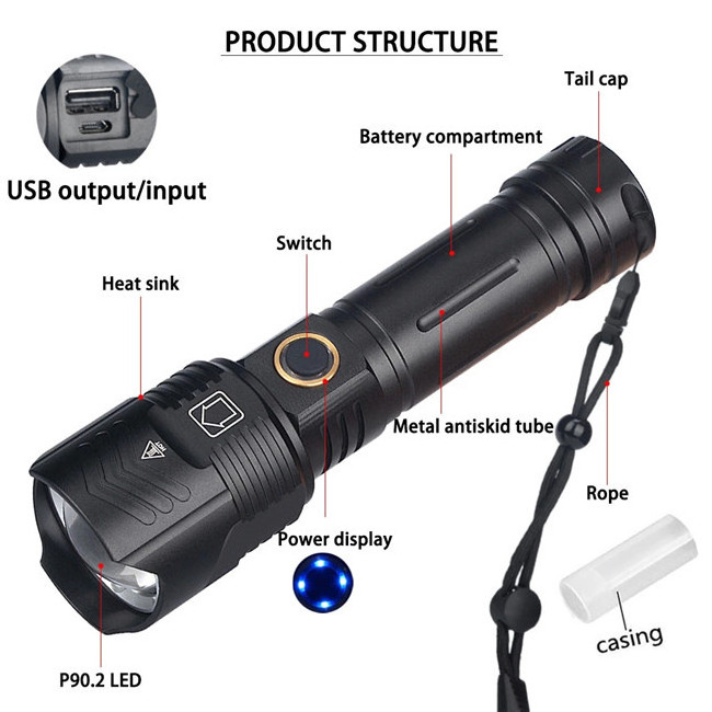 China Factory Supply XHP90 LED Zoom Flashlight Tactical Rechargeable Powerful Torch Light Handheld Flashlight With Power Bank