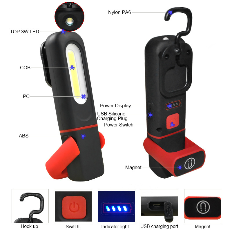 Rechargeable COB Work Light Portable  360 Rotation Led Flashlight With Magnetic Base Led Work Lamp For Car Repair Garag Camping