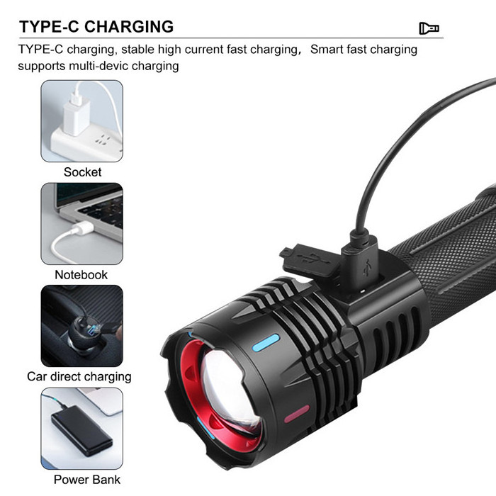 Powerful Tactical LED Flashlight 30W LED 1200 Lumen Torch light Type-C Rechargeable Zoomable 5 Modes Led torch Flashlight