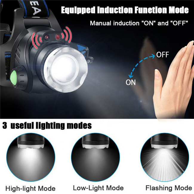 USB Rechargeable T6 LED Headlamp Outdoor waterproof Induction Sensor Headlamp Fishing hunting forehead torch light