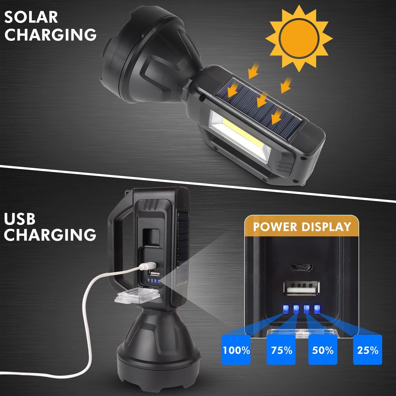 Rechargeable Handheld LED Spotlight Flashlight with COB sidelights 4 Modes Large Searchlight with Solar Charging for Outdoor